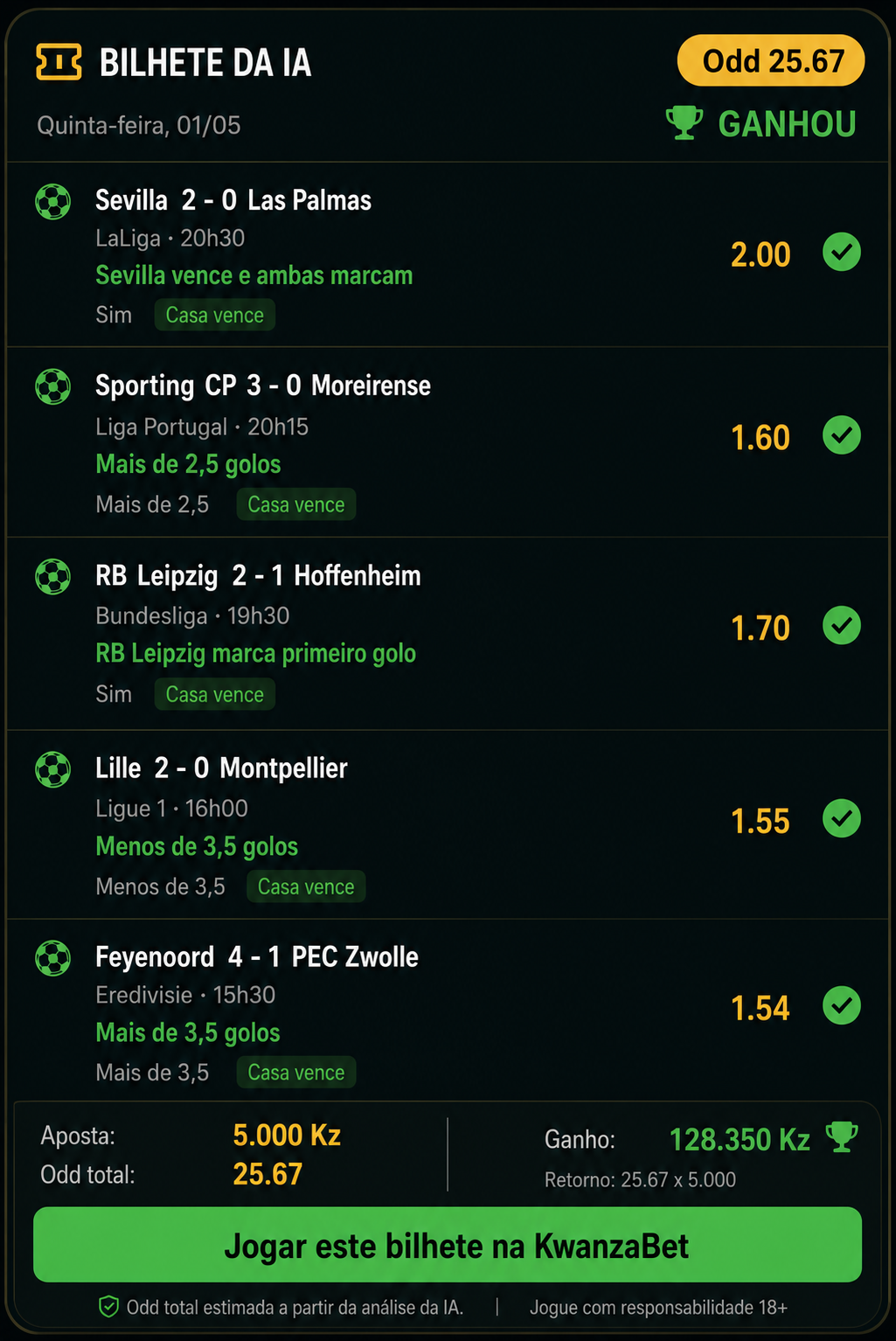 Bilhete da IA ganho